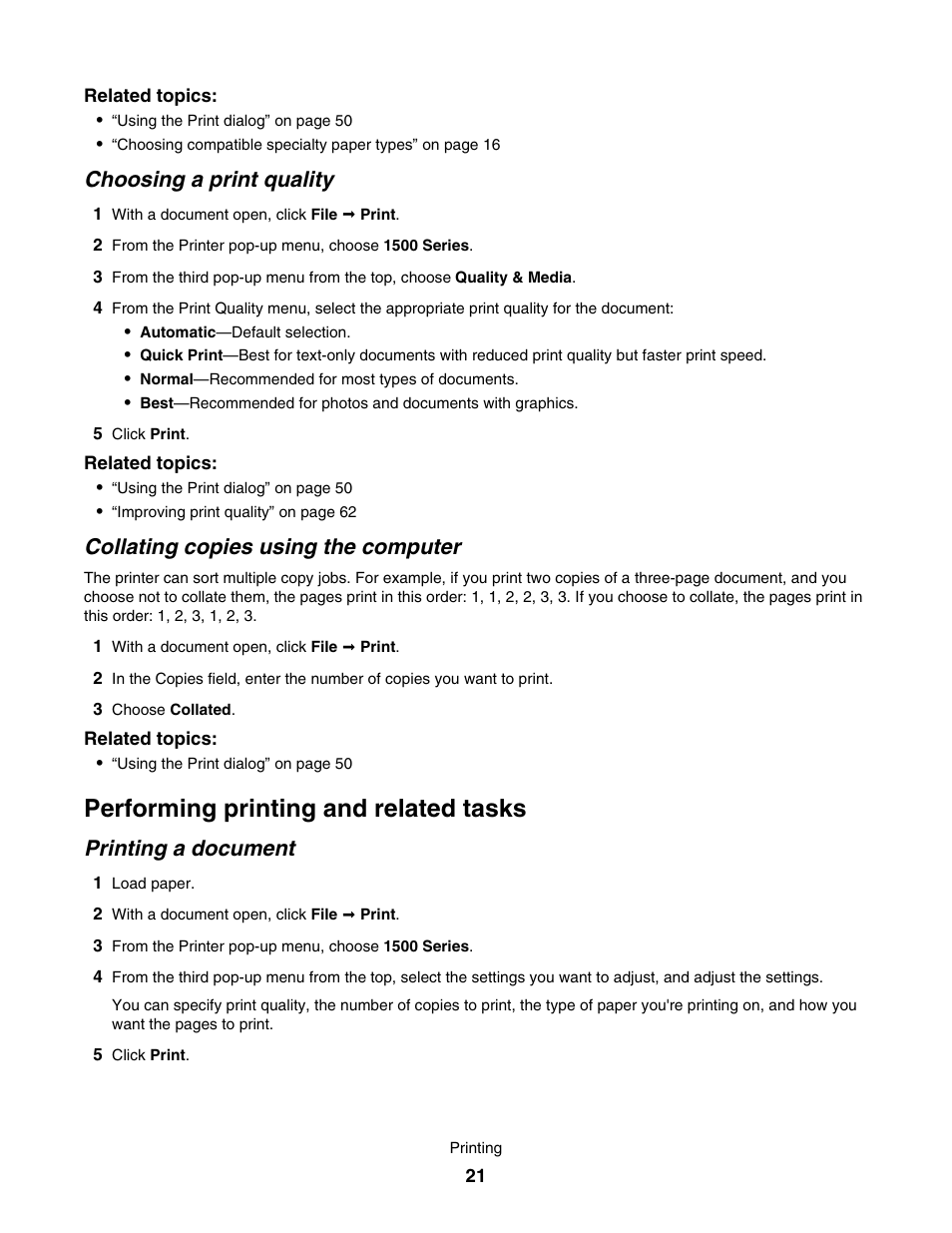 Choosing a print quality, Collating copies using the computer, Performing printing and related tasks | Printing a document | Lexmark 1500 User Manual | Page 21 / 124