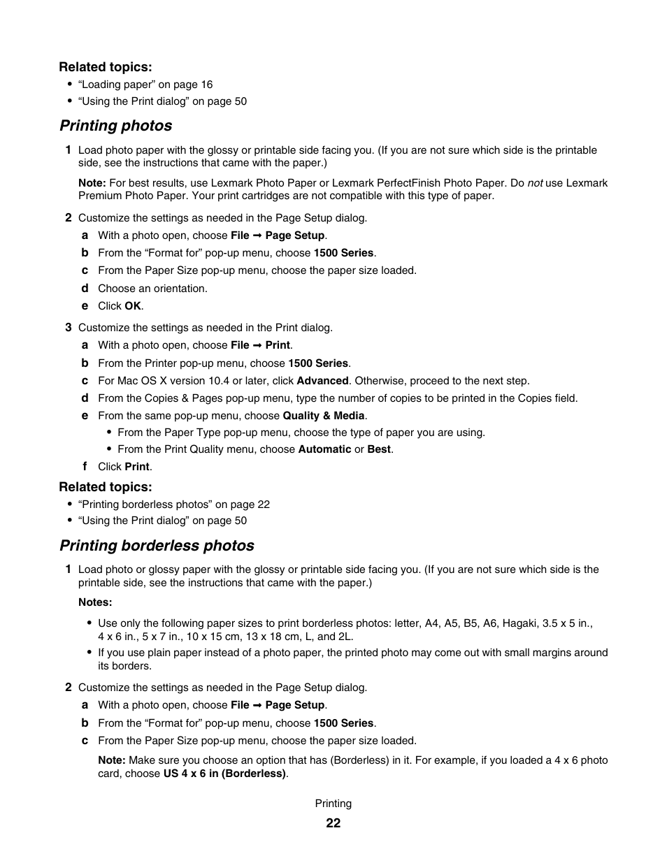 Printing photos, Printing borderless photos | Lexmark 1500 User Manual | Page 22 / 124
