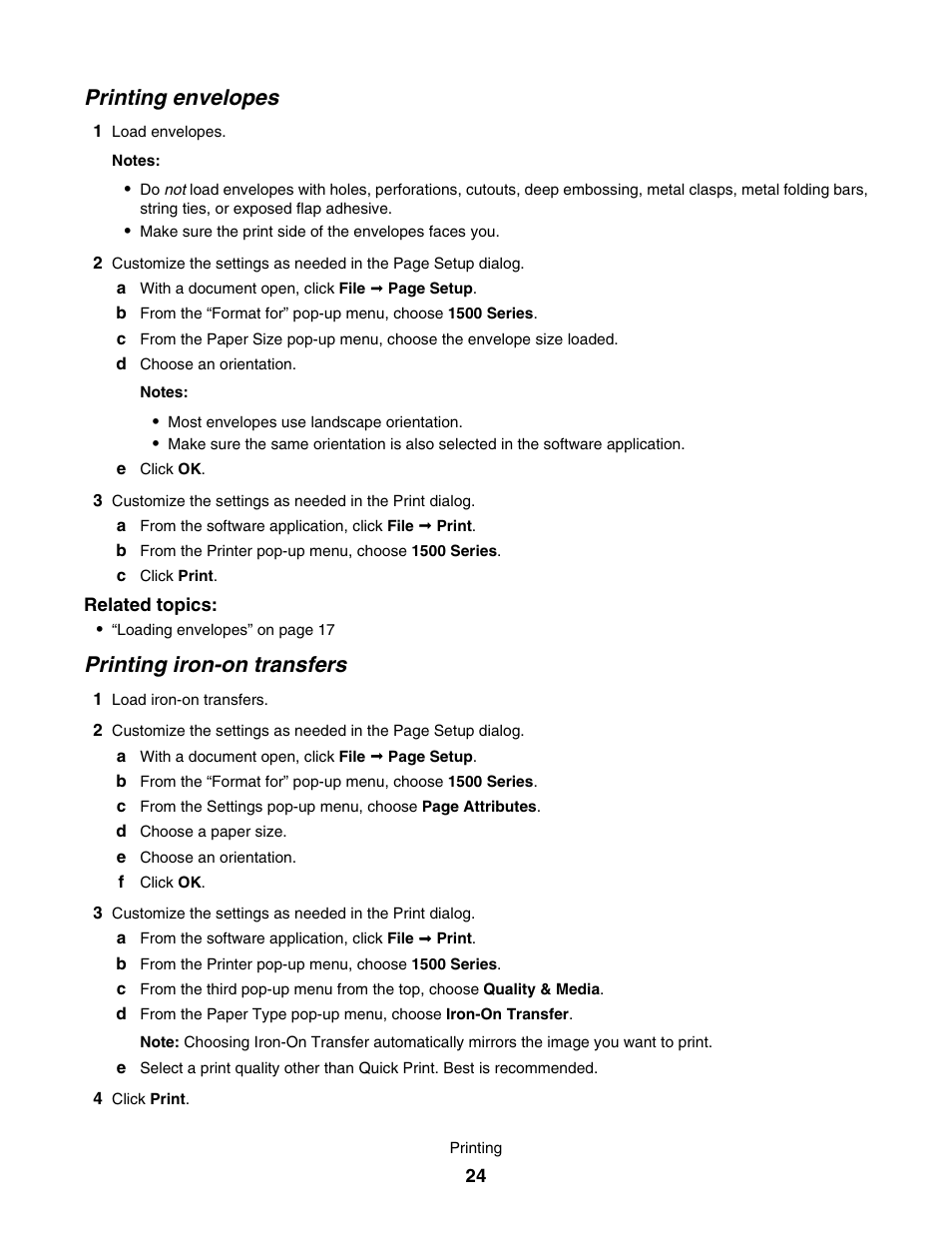 Printing envelopes, Printing iron-on transfers | Lexmark 1500 User Manual | Page 24 / 124