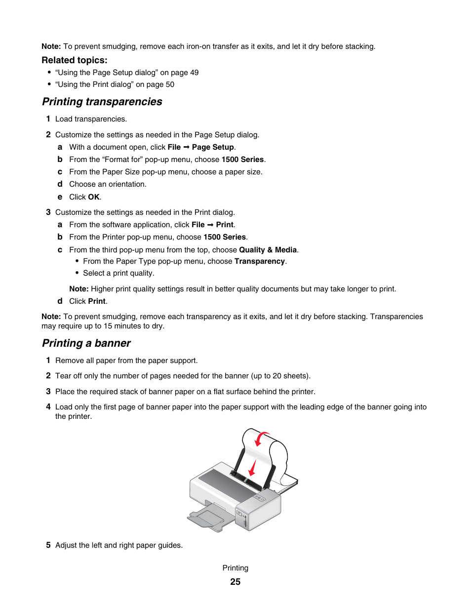 Printing transparencies, Printing a banner | Lexmark 1500 User Manual | Page 25 / 124