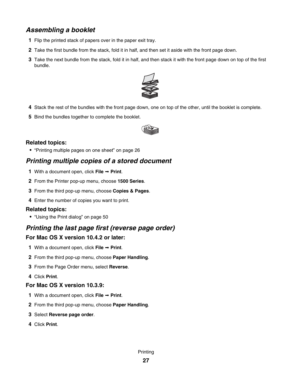 Assembling a booklet, Printing multiple copies of a stored document, Printing the last page first (reverse page order) | Lexmark 1500 User Manual | Page 27 / 124