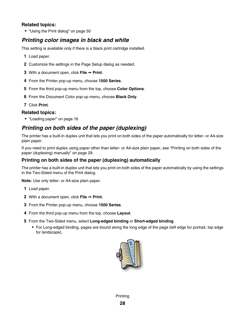 Printing color images in black and white, Printing on both sides of the paper (duplexing) | Lexmark 1500 User Manual | Page 28 / 124