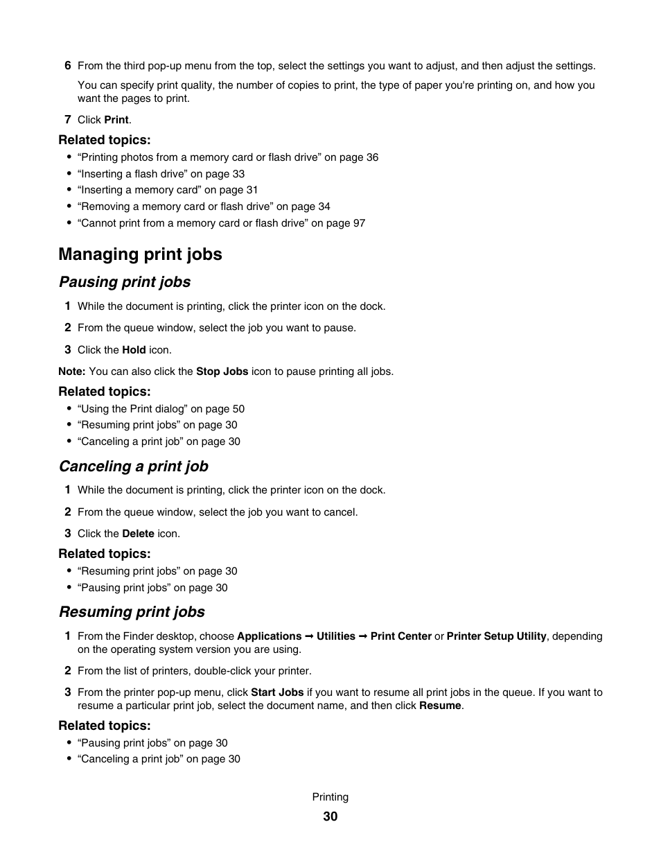 Managing print jobs, Pausing print jobs, Canceling a print job | Resuming print jobs | Lexmark 1500 User Manual | Page 30 / 124