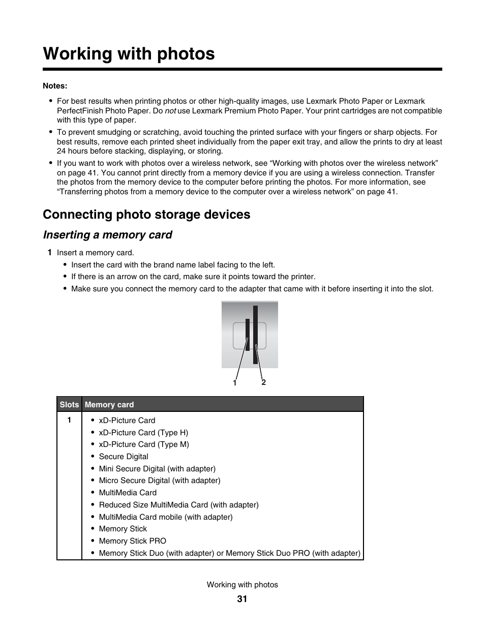 Working with photos, Connecting photo storage devices, Inserting a memory card | Lexmark 1500 User Manual | Page 31 / 124