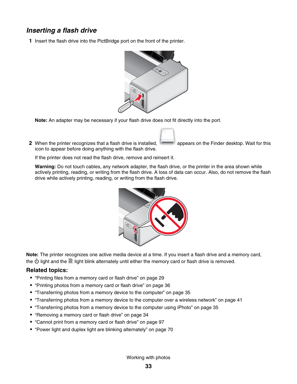 Inserting a flash drive | Lexmark 1500 User Manual | Page 33 / 124
