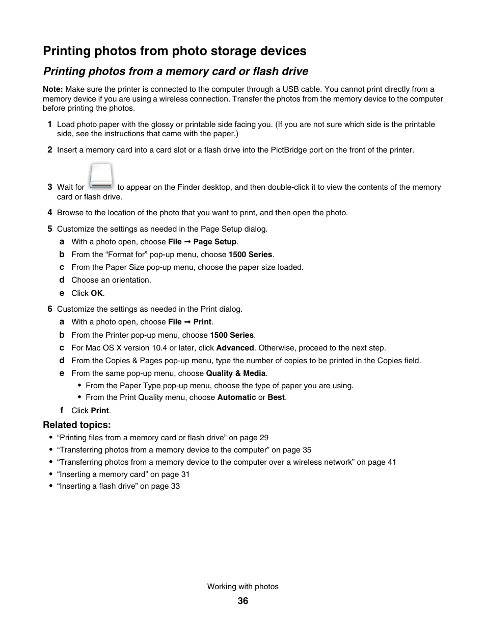 Printing photos from photo storage devices, Printing photos from a memory card or flash drive | Lexmark 1500 User Manual | Page 36 / 124
