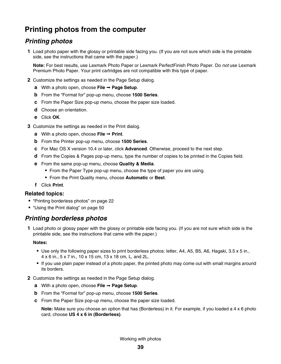 Printing photos from the computer, Printing photos, Printing borderless photos | Lexmark 1500 User Manual | Page 39 / 124