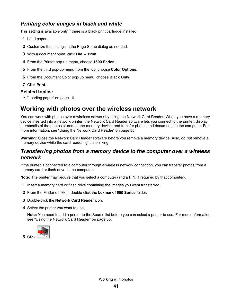 Printing color images in black and white, Working with photos over the wireless network | Lexmark 1500 User Manual | Page 41 / 124