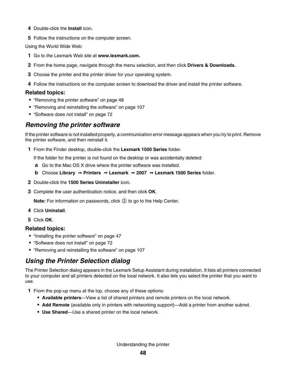 Removing the printer software, Using the printer selection dialog | Lexmark 1500 User Manual | Page 48 / 124