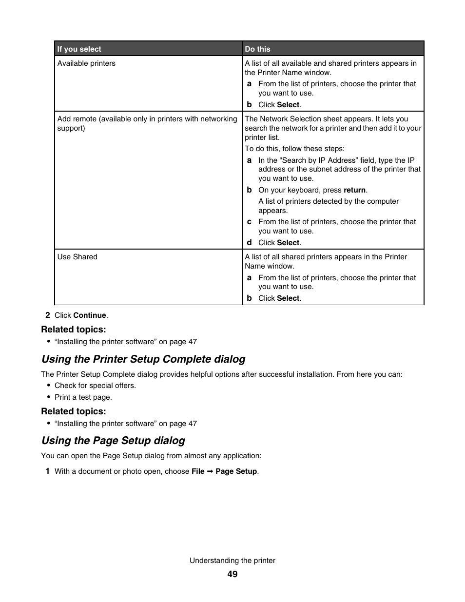 Using the printer setup complete dialog, Using the page setup dialog | Lexmark 1500 User Manual | Page 49 / 124