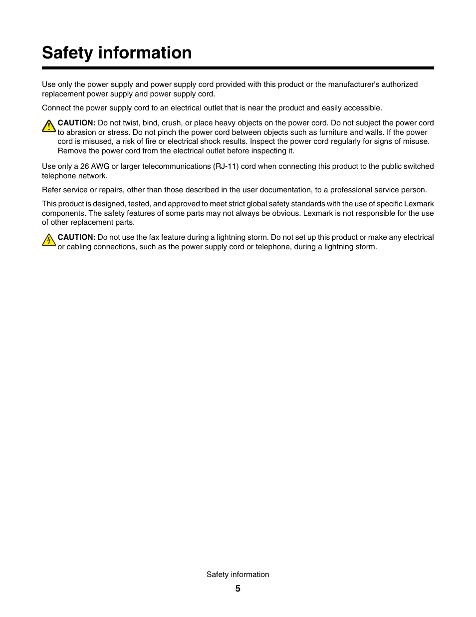 Safety information | Lexmark 1500 User Manual | Page 5 / 124