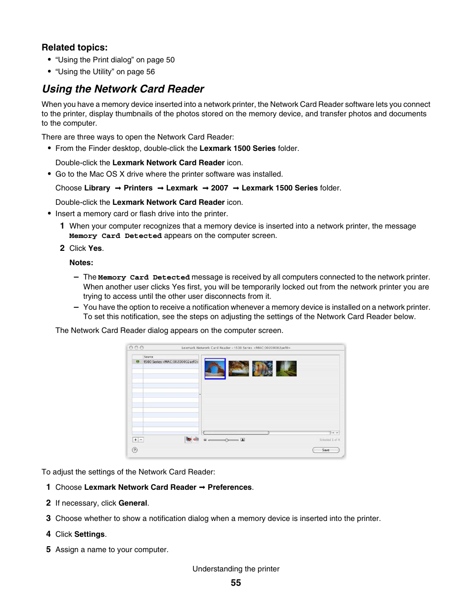 Using the network card reader | Lexmark 1500 User Manual | Page 55 / 124