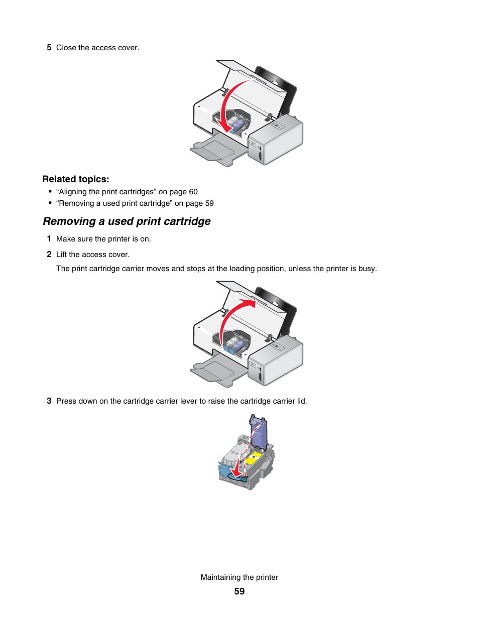 Removing a used print cartridge | Lexmark 1500 User Manual | Page 59 / 124