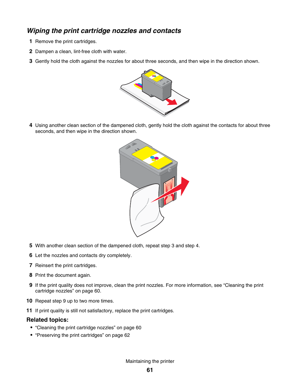 Wiping the print cartridge nozzles and contacts | Lexmark 1500 User Manual | Page 61 / 124