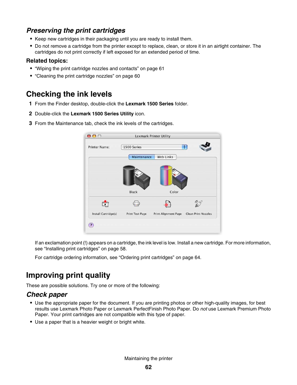 Preserving the print cartridges, Checking the ink levels, Improving print quality | Check paper | Lexmark 1500 User Manual | Page 62 / 124