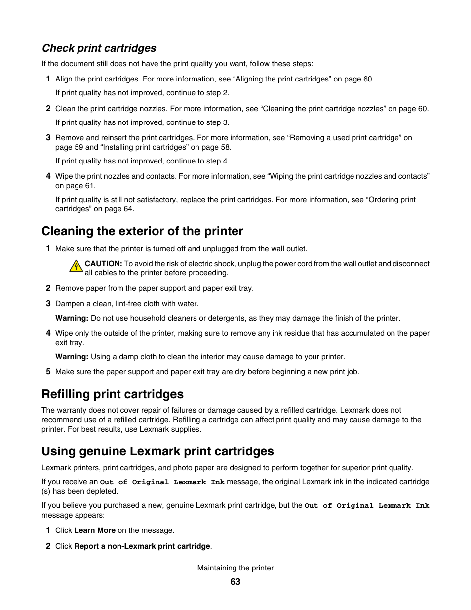 Check print cartridges, Cleaning the exterior of the printer, Refilling print cartridges | Using genuine lexmark print cartridges | Lexmark 1500 User Manual | Page 63 / 124