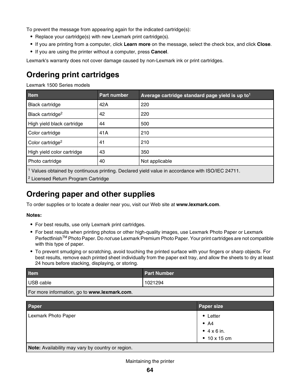 Ordering print cartridges, Ordering paper and other supplies | Lexmark 1500 User Manual | Page 64 / 124