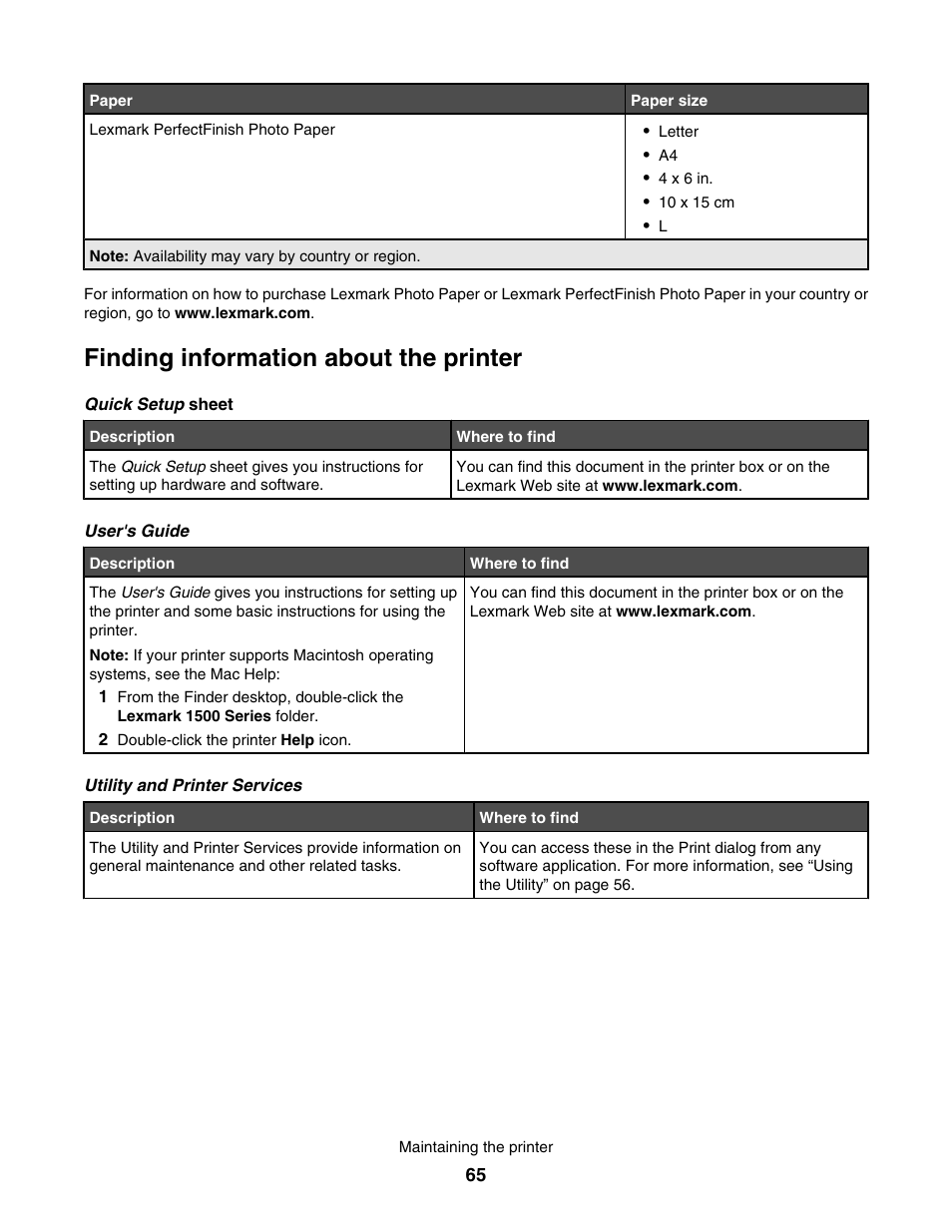 Finding information about the printer | Lexmark 1500 User Manual | Page 65 / 124