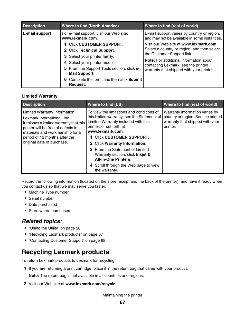 Recycling lexmark products, Related topics | Lexmark 1500 User Manual | Page 67 / 124
