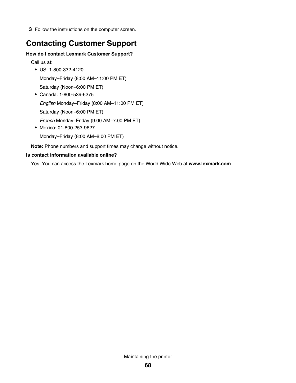 Contacting customer support | Lexmark 1500 User Manual | Page 68 / 124