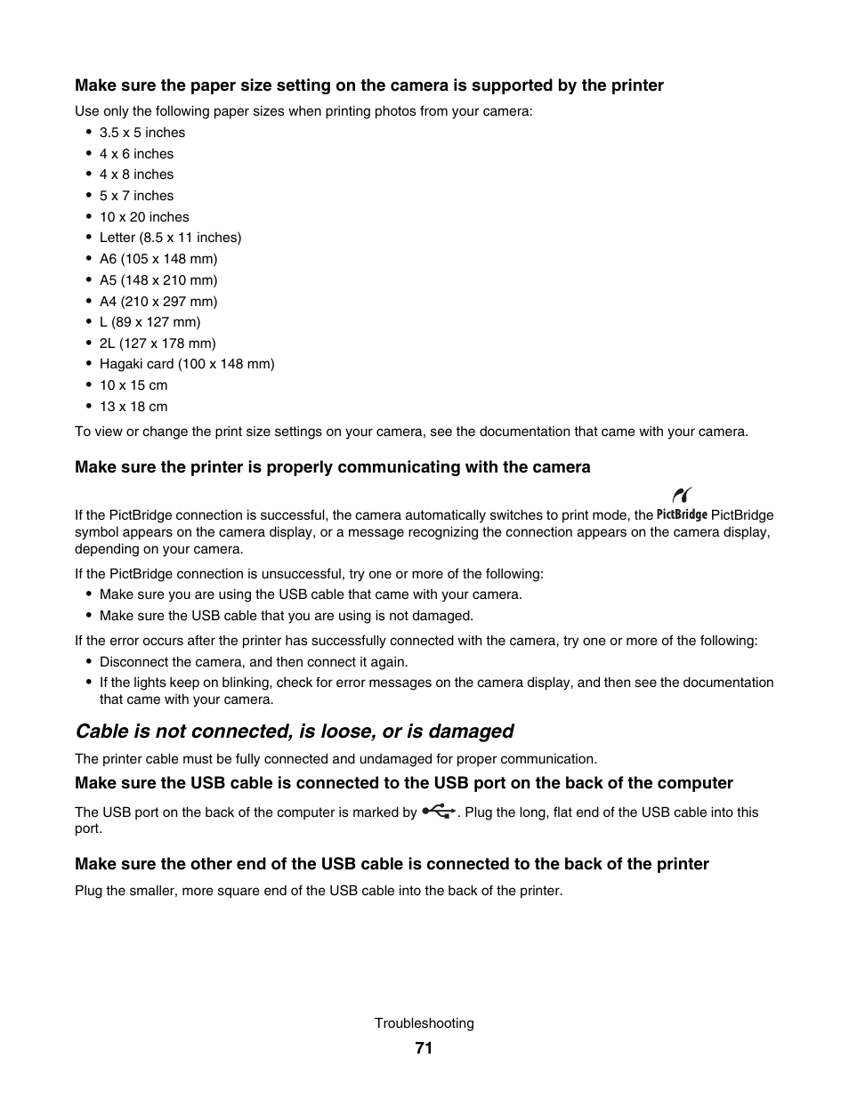 Cable is not connected, is loose, or is damaged | Lexmark 1500 User Manual | Page 71 / 124
