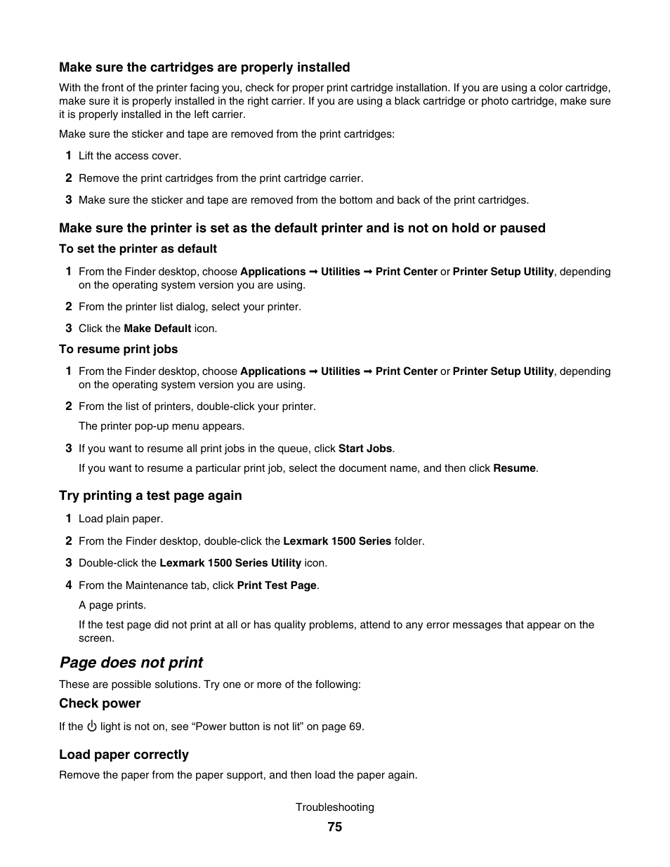 Page does not print | Lexmark 1500 User Manual | Page 75 / 124