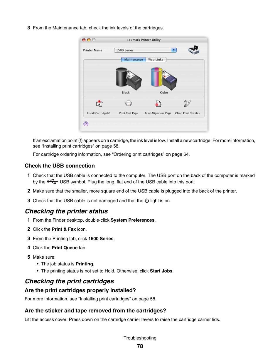 Checking the printer status, Checking the print cartridges | Lexmark 1500 User Manual | Page 78 / 124