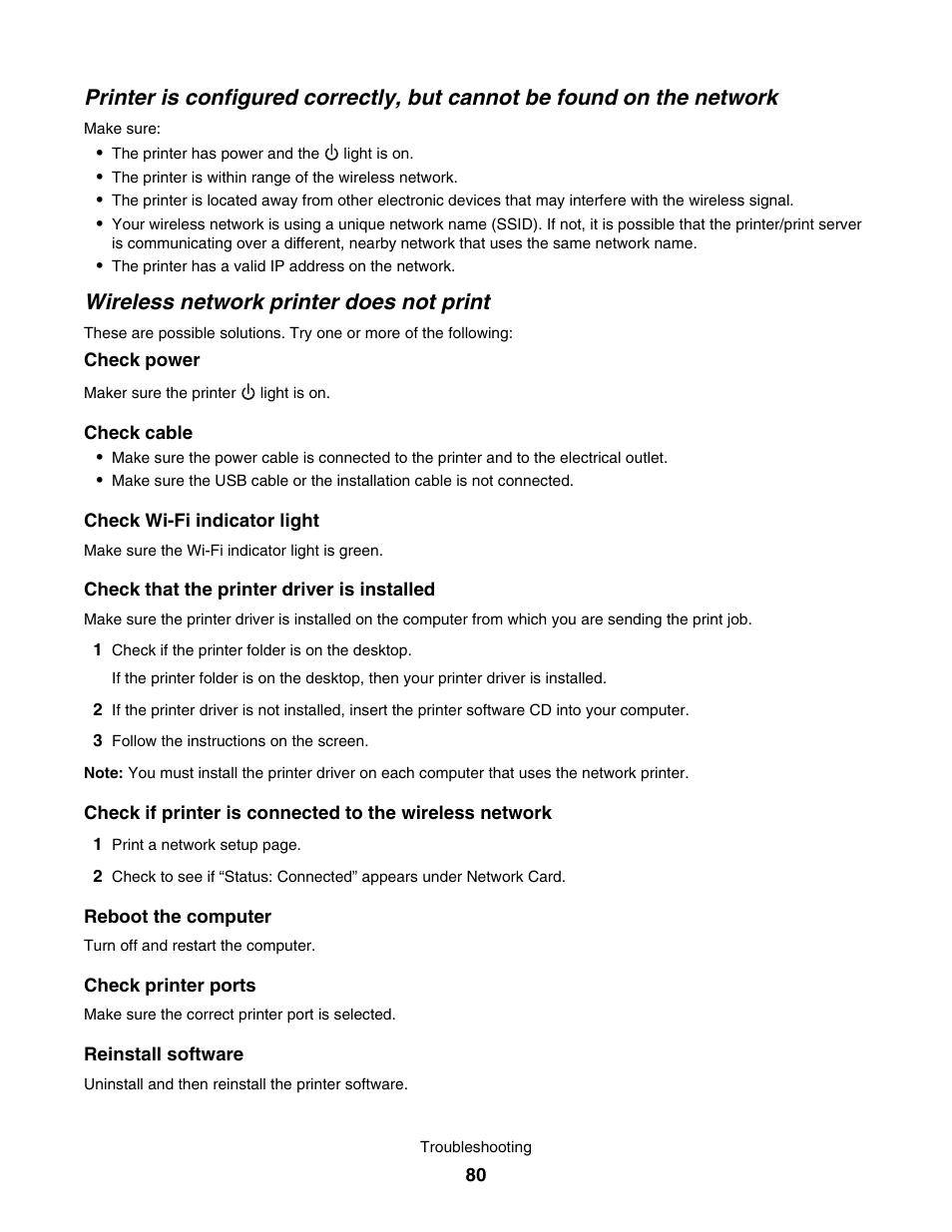 Wireless network printer does not print | Lexmark 1500 User Manual | Page 80 / 124