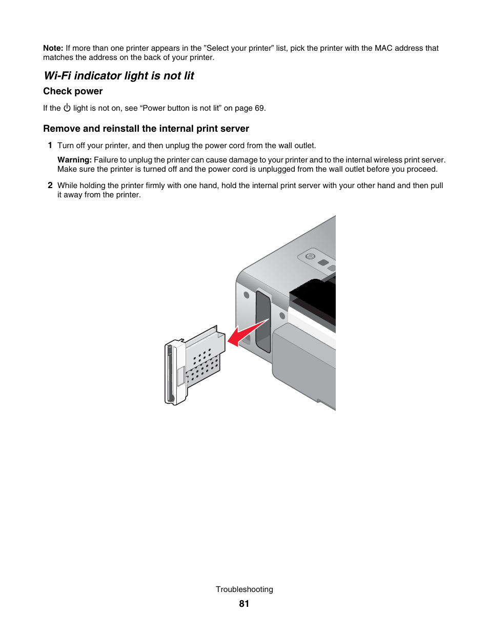 Wi-fi indicator light is not lit | Lexmark 1500 User Manual | Page 81 / 124