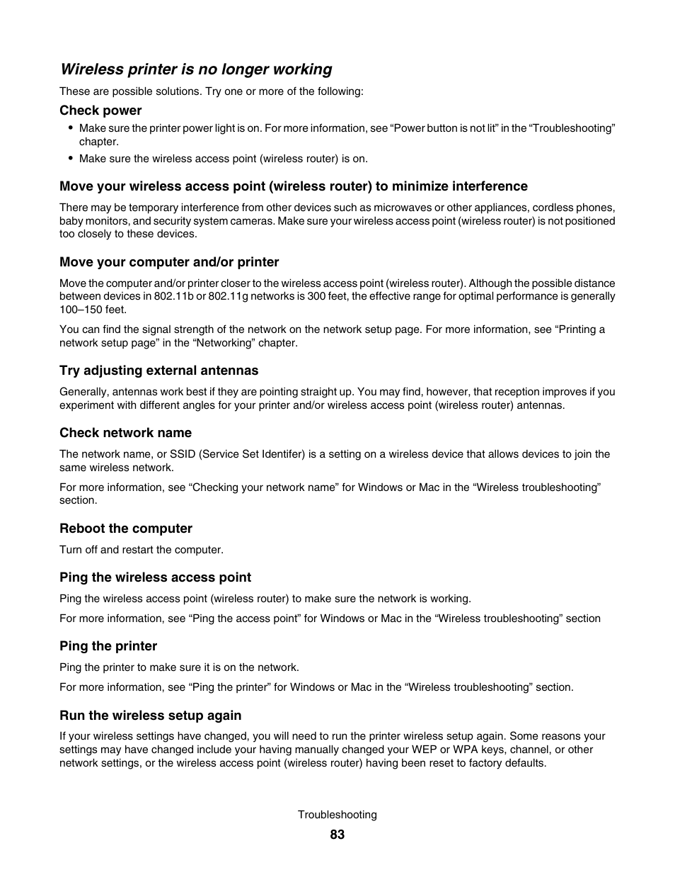 Wireless printer is no longer working | Lexmark 1500 User Manual | Page 83 / 124