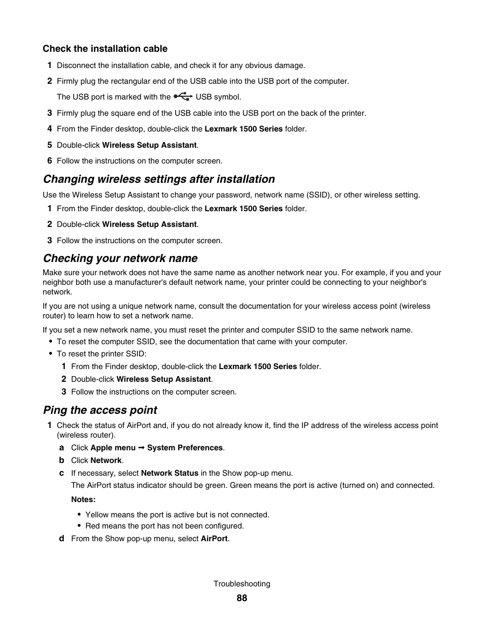 Changing wireless settings after installation, Checking your network name, Ping the access point | Lexmark 1500 User Manual | Page 88 / 124