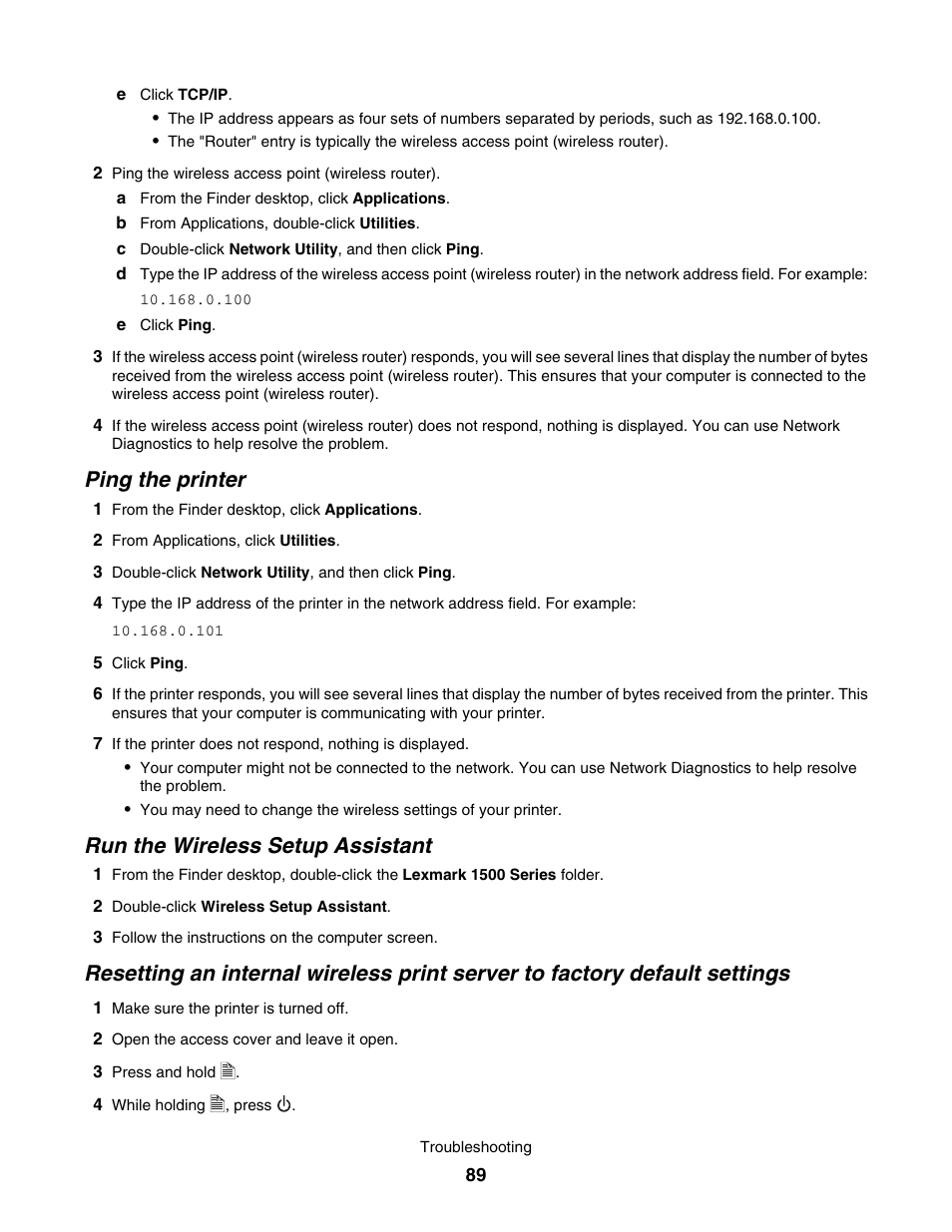Ping the printer, Run the wireless setup assistant | Lexmark 1500 User Manual | Page 89 / 124