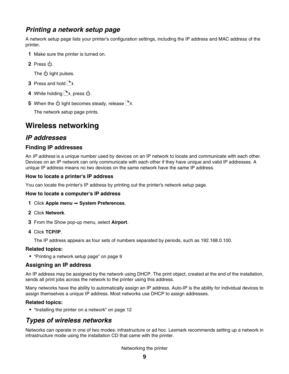 Wireless networking, Ip addresses, Types of wireless networks | Printing a network setup page | Lexmark 1500 User Manual | Page 9 / 124