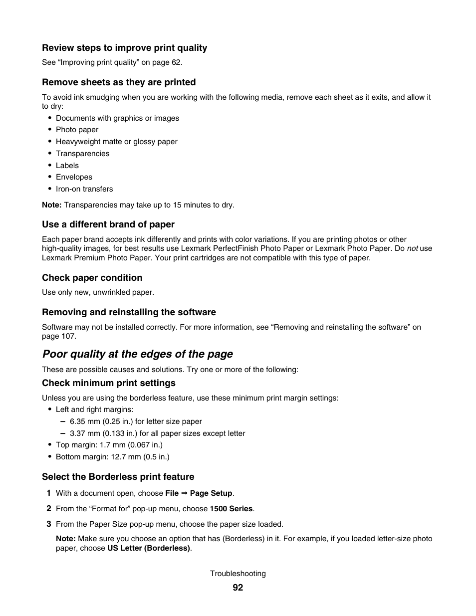 Poor quality at the edges of the page | Lexmark 1500 User Manual | Page 92 / 124