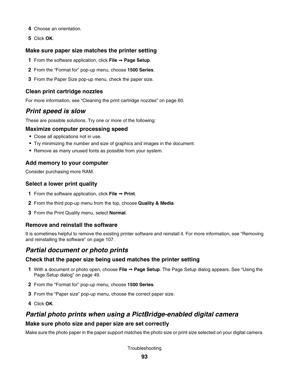 Print speed is slow, Partial document or photo prints | Lexmark 1500 User Manual | Page 93 / 124