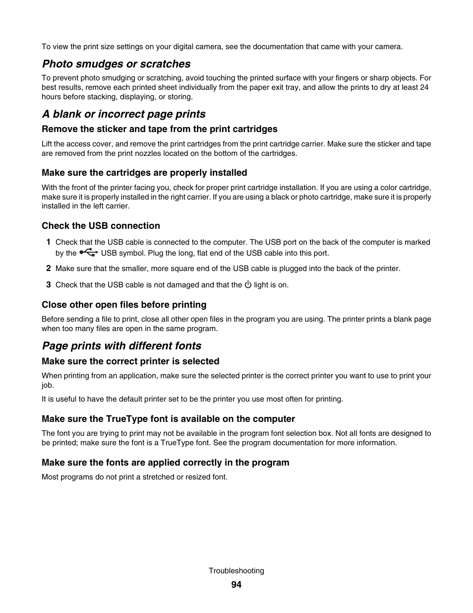 Photo smudges or scratches, A blank or incorrect page prints, Page prints with different fonts | Lexmark 1500 User Manual | Page 94 / 124