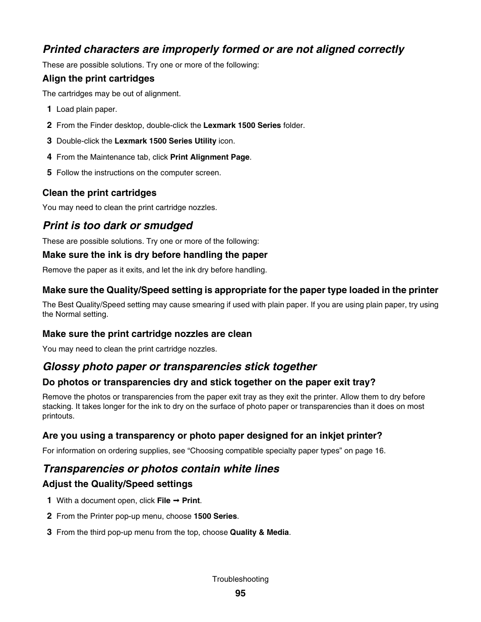 Print is too dark or smudged, Transparencies or photos contain white lines | Lexmark 1500 User Manual | Page 95 / 124