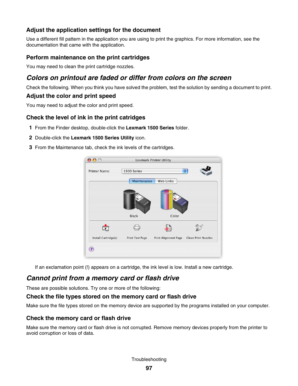 Cannot print from a memory card or flash drive | Lexmark 1500 User Manual | Page 97 / 124