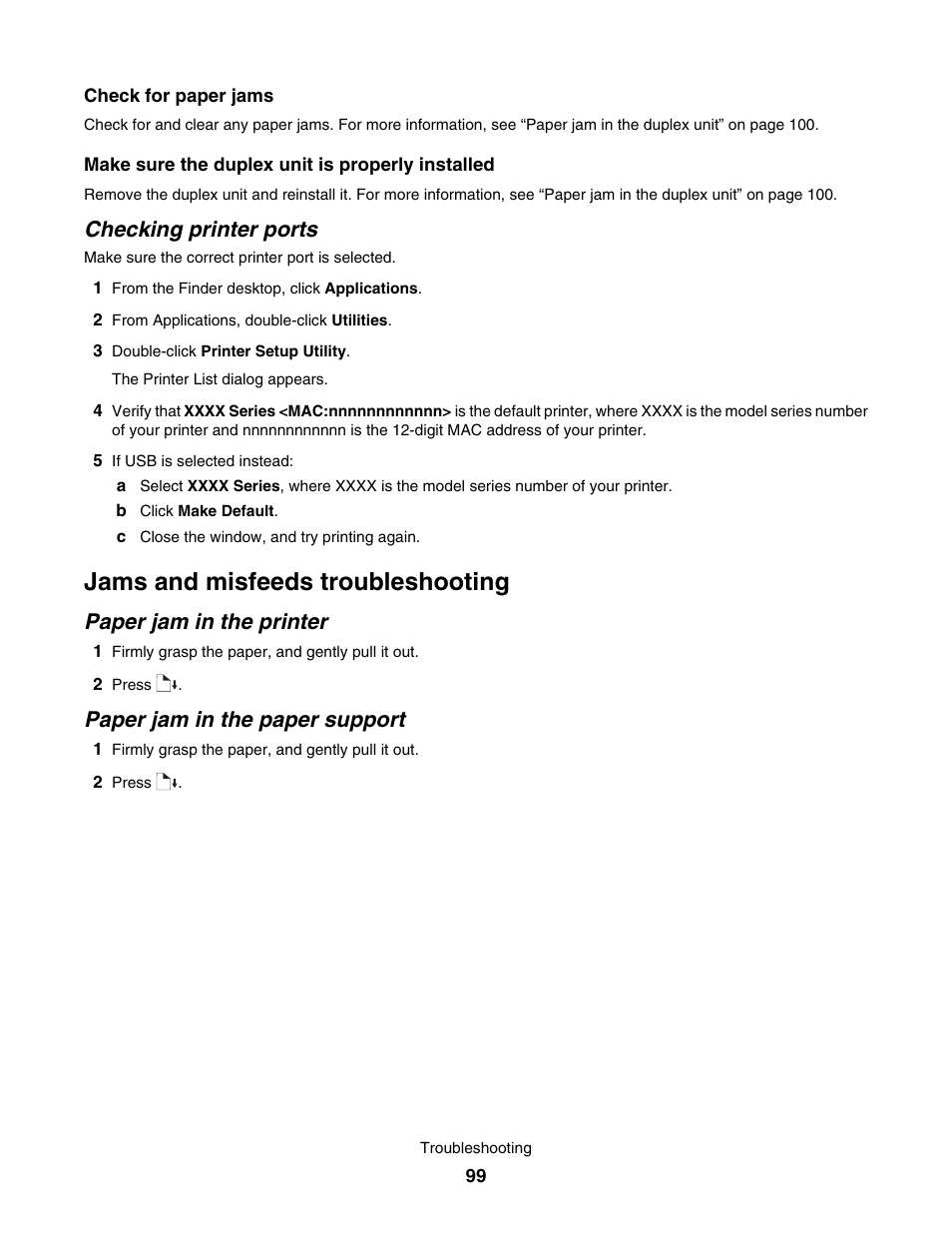 Checking printer ports, Jams and misfeeds troubleshooting, Paper jam in the printer | Paper jam in the paper support | Lexmark 1500 User Manual | Page 99 / 124