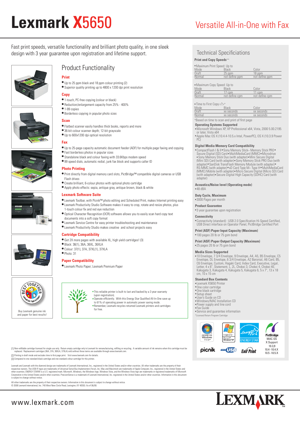 Lexmark x 5650, Versatile all-in-one with fax, Product functionality | Technical specificiations | Lexmark X5650 User Manual | Page 2 / 2