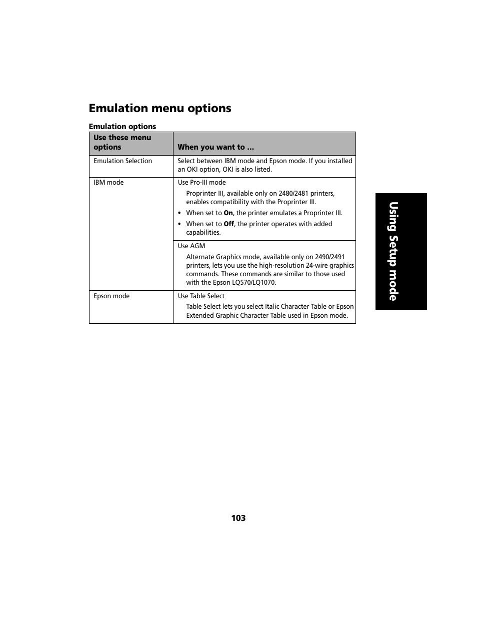 Emulation menu options, Using setup mode emulation menu options | Lexmark 2480 User Manual | Page 107 / 168