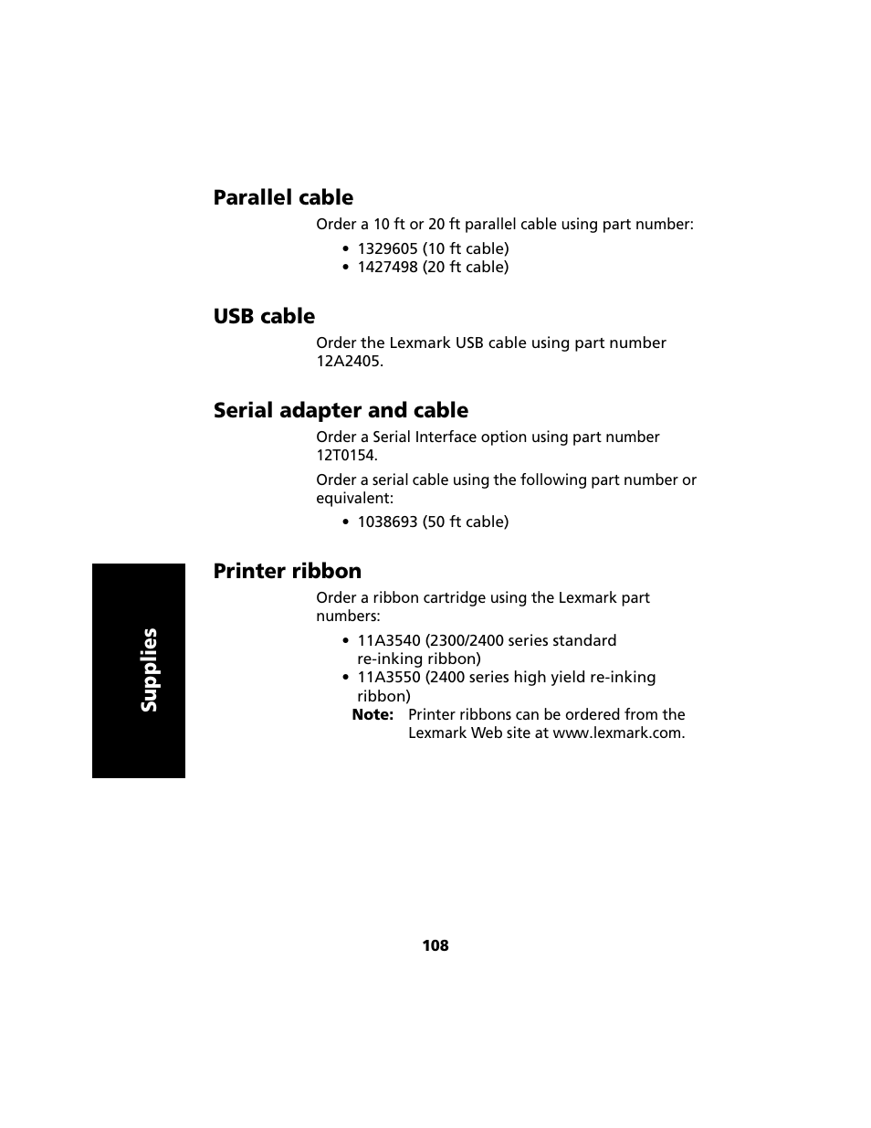 Parallel cable, Usb cable, Serial adapter and cable | Printer ribbon, Supplies parallel cable | Lexmark 2480 User Manual | Page 112 / 168