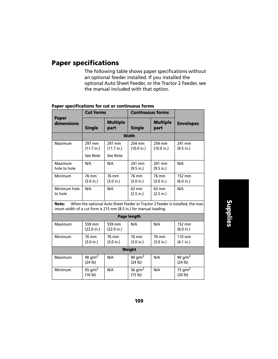 Paper specifications, Supplies paper specifications | Lexmark 2480 User Manual | Page 113 / 168