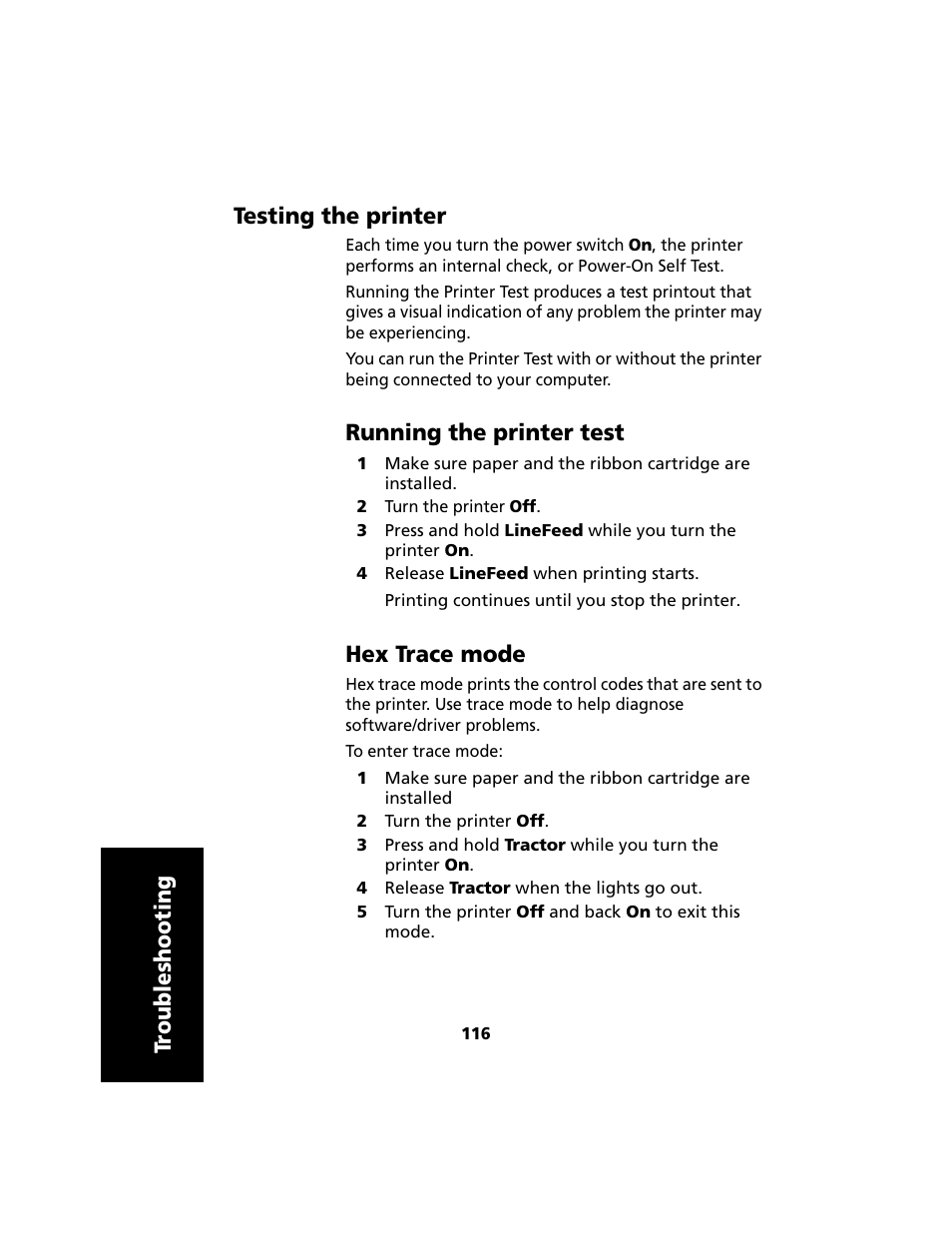 Testing the printer, Running the printer test, Hex trace mode | Tr oubleshooting testing the printer | Lexmark 2480 User Manual | Page 120 / 168