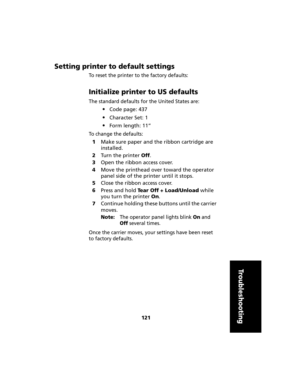 Setting printer to default settings, Initialize printer to us defaults | Lexmark 2480 User Manual | Page 125 / 168