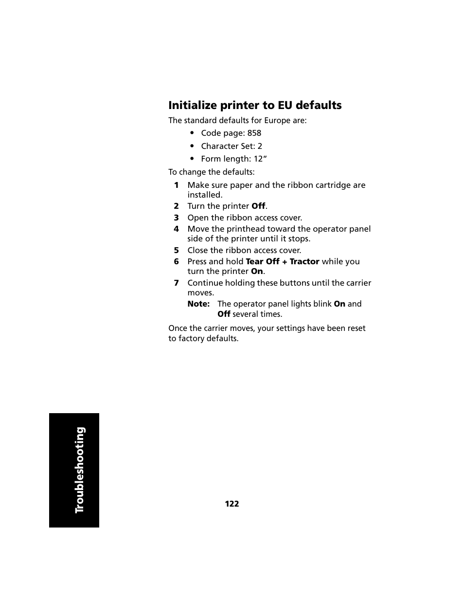 Initialize printer to eu defaults, Tr oubleshooting initialize printer to eu defaults | Lexmark 2480 User Manual | Page 126 / 168