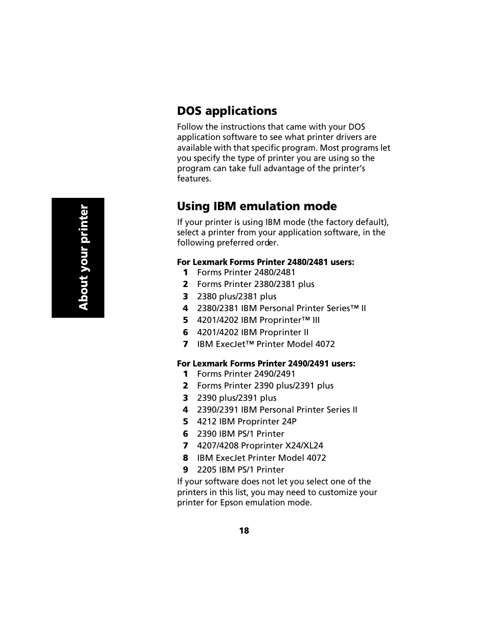 Dos applications, Using ibm emulation mode, For lexmark forms printer 2480/2481 users | For lexmark forms printer 2490/2491 users, About your printer dos applications | Lexmark 2480 User Manual | Page 22 / 168