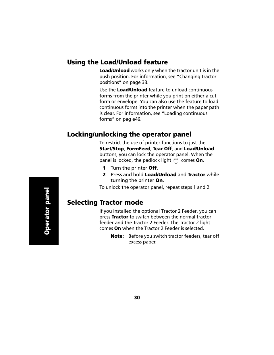 Using the load/unload feature, Locking/unlocking the operator panel, Selecting tractor mode | Operator panel using the load/unload feature | Lexmark 2480 User Manual | Page 34 / 168