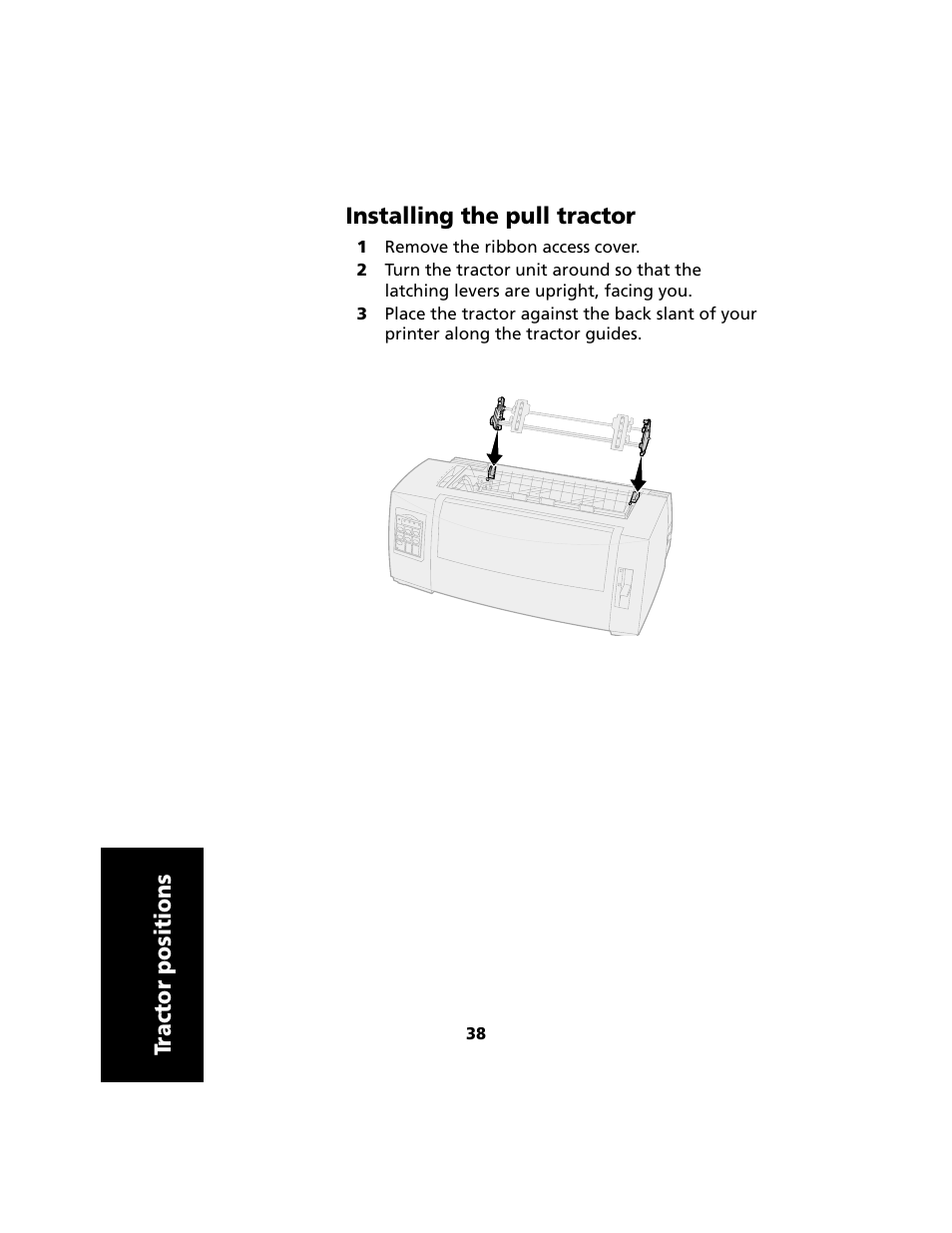 Installing the pull tractor, Tr actor positions installing the pull tractor | Lexmark 2480 User Manual | Page 42 / 168
