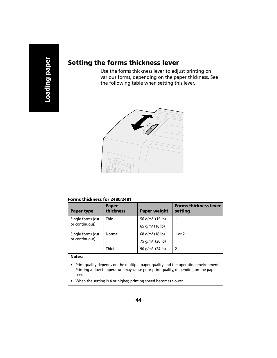 Setting the forms thickness lever, Loading paper setting the forms thickness lever | Lexmark 2480 User Manual | Page 48 / 168